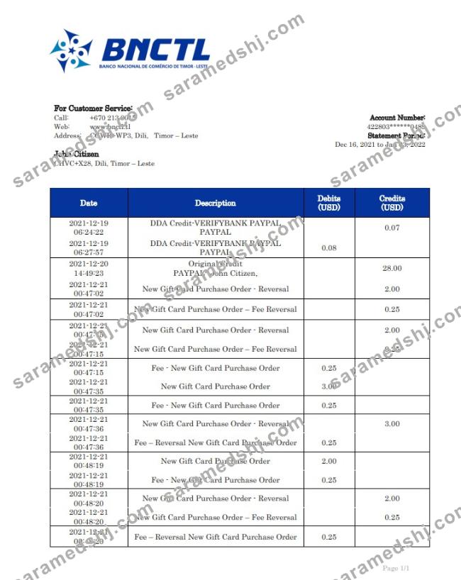 Timor-Leste BNCTL bank statement